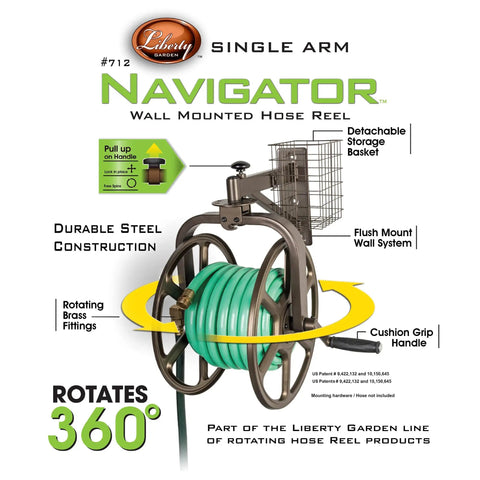 Single Arm Garden Hose Reel With 360 Degree Rotation Holds 125 Feet Of Five Eighths Inch Hose in 18 Gauge Steel and Bronze Finish