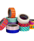 Variety of decorative washi tapes including Expressions Washi Tape Blue, Repositionable on Most Surfaces, 0.59 In Wide, for creative projects.