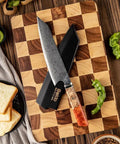 Kiritsuke Knife Cover With Walnut Magnetic Sheath For 10 Inch Blades on checkered cutting board