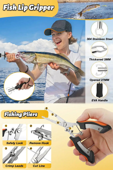 Angler holding fish with lip grip, showcasing fishing pliers; part of 6.89 Foot Carbon Fiber Telescopic Fishing Rod And Spinning Reel Combo.