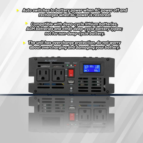 1500W Sump Pump Backup System No Battery Basement Protection Inverter with LCD Display and Auto Switches, front view