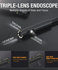 Triple Lens Borescope Endoscope with Light Pro Grade Digital Video Scope showing lens angles and measurement focus zones.
