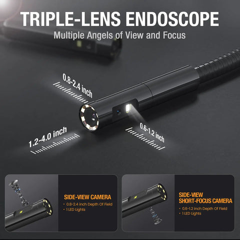 Triple Lens Borescope Endoscope with Light Pro Grade Digital Video Scope showing lens angles and measurement focus zones.
