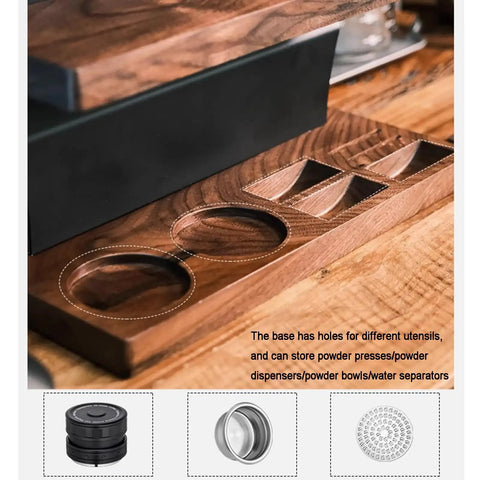 Two Tier Coffee Tool Storage Stand With Twelve Single Dose Bean Vials And One Way Exhaust Valve Plus Heavy Duty Slots For Tamper And Dosing Cups, showcasing walnut and black design.