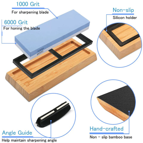 Double Sided Knife Sharpener Kit 1000 6000 Grit With Slip Resistant Bamboo Base And Angle Guide For Precision Honing