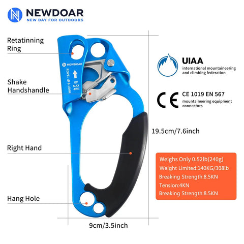 Right Hand Rope Ascender For 8 To 13mm Rope, Ultra Lightweight Aluminum Rope Clamp, Arborist Rappelling Gear That Crushes It, UIAA CE Certified, 140kg Load Limit, 8.5kN Breaking Strength, Blue Right