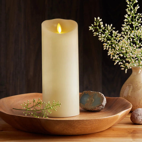 Scalloped Edge Flameless LED Pillar Candle Ivory 3.5 By 8.75 Inches Real Wax Look Battery Operated Moving Flame With Timer Unscented