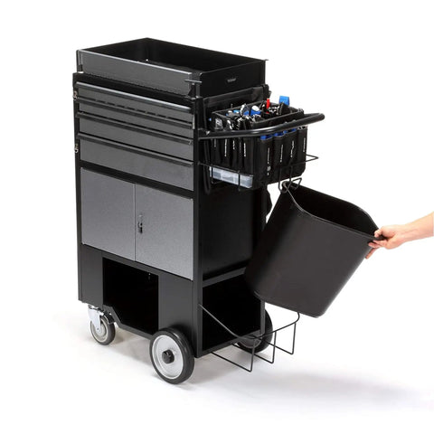 Heavy Duty Four Drawer Rolling Utility Cart For Workshop Garage And Warehouse With Slick Storage Layout And Included Tool Bag, featuring drawers and tools.