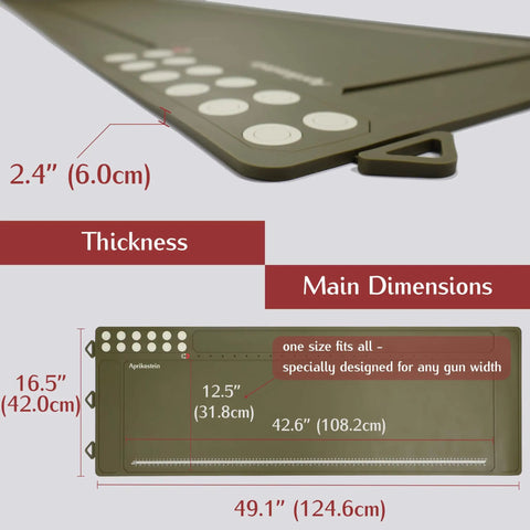 Hella Spacious Magnetic Gun Cleaning Mat Fifty Point Two Inches Long Built Tough Oil Resistant Floor Pad with detailed dimensions and thickness.