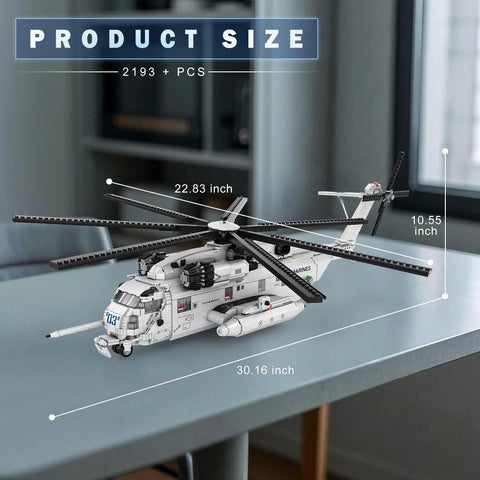 Epic Military Helicopter Building Set 33037 Transformable CH 53 Style Model Kit with dimensions shown on a tabletop.