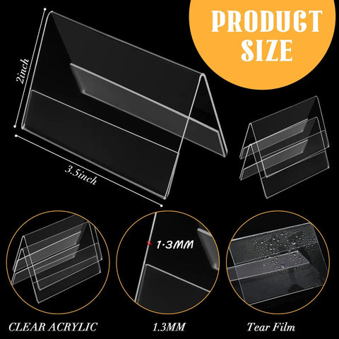 Set Of 30 Mini Acrylic Sign Holders, 2 X 3.5 Inch Clear Desk Name Plates, showing V-shaped design and dimensions