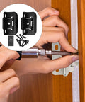 Installation of Rugged Black Steel Cabinet Hinges With Auto Close on wood cabinet, includes brackets and screws in detail.
