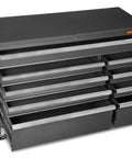 52 Inch Premium Rolling Tool Cabinet With Beefy 21 Gauge Powder Coated Steel Heavy Duty Build Nine Lockable Soft Close Drawers With 100 Lb Capacity Size 52W 18D 37H Inches Ideal Garage Workshop Storage Black in open view.