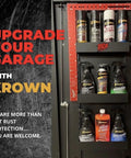 Cabinet with Krown rust protection and cleaning products including T40 Beefed Up Rust Protection And Lubricant For Metal Surfaces.