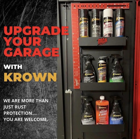 Cabinet with Krown rust protection and cleaning products including T40 Beefed Up Rust Protection And Lubricant For Metal Surfaces.