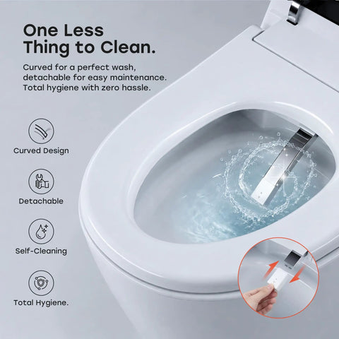 Sleek Sensor Activated Smart Toilet With Built In Bidet Pump And Self Cleaning Deodorizer Featuring Heated Seat And Smooth Flushing Action Straight Up Perfect For Low Water Pressure Modern Bathrooms, curved bidet design with detachable features.