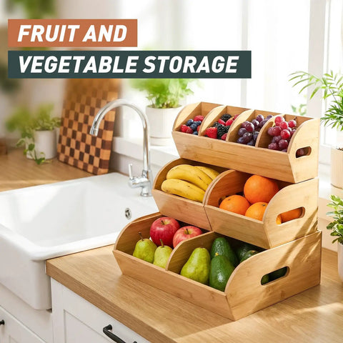 Three Tier Stackable Bamboo Veggie And Fruit Storage Bins on kitchen counter, holding assorted produce, ventilated design, slide out feature