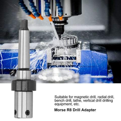 Annular cutter arbor MT3 to Weldon shank, steel, silver; shown with a drill press and coolant spray