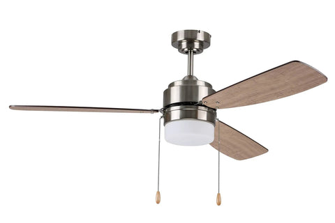 52 Inch Brushed Nickel Ceiling Fan With Three Reversible Blades And LED Light Kit Damp Rated For Indoor Or Outdoor Use Three Speed Settings