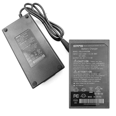 54V Smart Charger For 48V Li-Ion E-Bike And E-Scooter Battery - Close-up view showing label details and connector