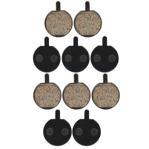 Five Pairs Semi Metal Bicycle And Scooter Disc Brake Pads For Front And Rear Replacement On Electric Bikes And Scooters High Performance Braking For Wet Or Dry Conditions arranged in two rows