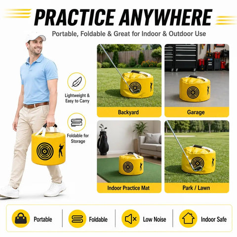 Man carrying Golf Swing Training Hitting Bag Pro Power Smash Bag for indoor outdoor practice waterproof durable yellow