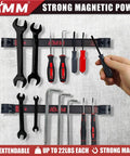 8 Pack 12 Inch Magnetic Tool Holder Strips With Mounting Screws Heavy Duty Tool Organizer Magnetic Bar For Garage Storage And Easy Tool Access, tools displayed on wall-mounted strips.