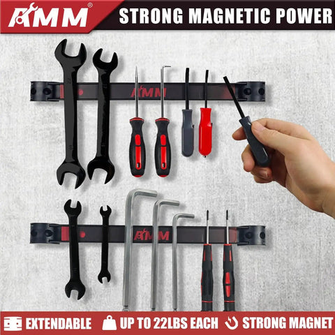 8 Pack 12 Inch Magnetic Tool Holder Strips With Mounting Screws Heavy Duty Tool Organizer Magnetic Bar For Garage Storage And Easy Tool Access, tools displayed on wall-mounted strips.
