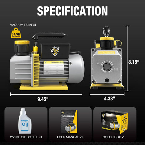 Vacuum pump side view, 4 CFM, 110V, yellow/gray; includes oil bottle