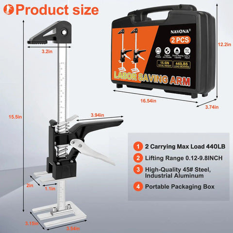 Upgrade Your Kitchen Vibes With This Heavy Duty Cabinet Door Holder shown with size dimensions and carrying case, made of steel and aluminum.