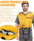 Man wearing an inflatable life jacket showing Rearming CO2 Cylinder Kit for Auto and Manual Inflatable Life Jackets and Vests 33 Gram Cartridges One Half Inch Thread Four Pack PFD Accessories Replacement.