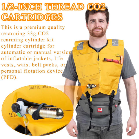 Man wearing an inflatable life jacket showing Rearming CO2 Cylinder Kit for Auto and Manual Inflatable Life Jackets and Vests 33 Gram Cartridges One Half Inch Thread Four Pack PFD Accessories Replacement.