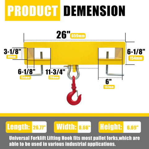Heavy Duty Universal Forklift Lifting Hook Rated For 4800 Lb Loads dimensions showing 26 inch length and 8.66 inch width.