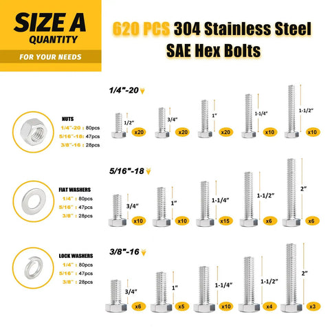 Badass 1240 Piece 304 Stainless Steel Hex Bolt Assorted Kit With Matching Nuts And Washers Sae And Metric Fasteners Complete Hardware Bundle For Mechanics And Diy Pros Built Like A Tank, detailed image of 620 pcs hex bolts and washers.
