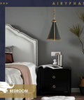 Two Pack Dope Black And Gold Pendant Lights With Adjustable Chain For Kitchen Island Bar Dining Room And Foyer Modern Ceiling Hanging Lighting E26 Bulb Compatible For LED CFL Halogen Incandescent, shown illuminating a bedroom with modern decor