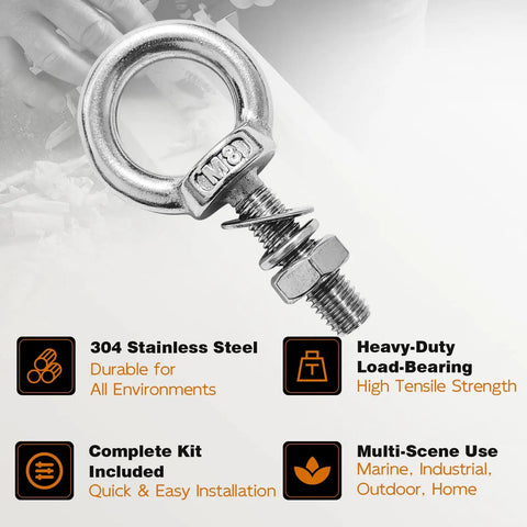 Heavy Duty Built Tough Stainless Steel Eyebolt Kit Four Pack Five Sixteenths By One Point Two Inch Lifting Eye Bolts with features
