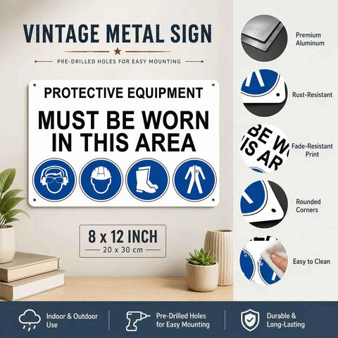 Protective Equipment Must Be Worn In This Area Sign Built Tough Aluminum 8 By 12 Inches for indoor and outdoor display.