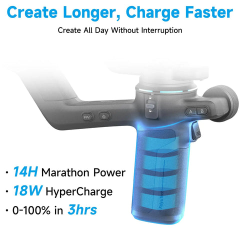 Close-up view of SCORP C2 Camera Gimbal Stabilizer With AI Tracking 4.0 showing handle features and charging benefits.