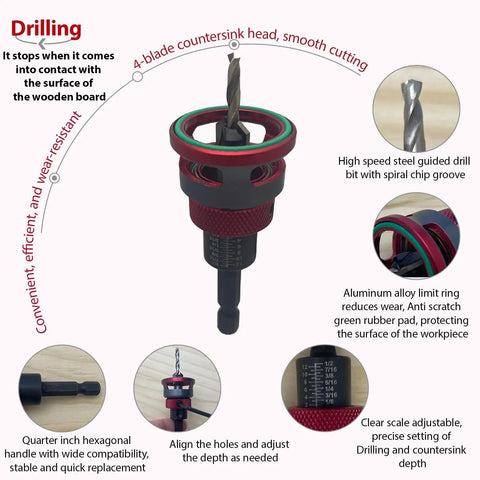 Pro Grade Countersink Drill Bit Set With Adjustable Depth Stop Aluminum Collar for woodworking, detailed product features.