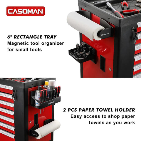 Magnetic Toolbox Organizer Set With 6 Inch And 12 Inch Trays, 2 Piece Paper Towel Holder, 3 Spray Can Holders, And Seven Screwdriver Holes