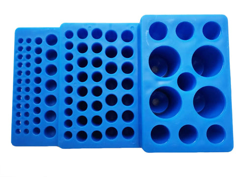 Trapezoidal Test Tube Rack and Vial Organizer for 0.2ml to 50ml Tubes, blue polypropylene stands with multiple hole sizes
