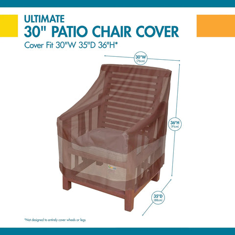 Ultimate Waterproof Patio Lounge Chair Cover For All Weather Protection, Mocha Cappuccino, shown on wooden chair.