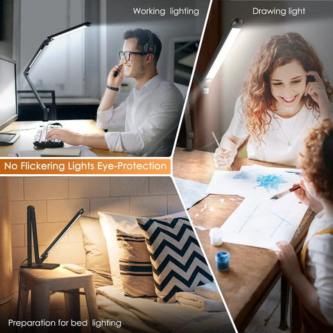 Lit LED Desk Lamp With Clamp And Remote Control in use for working, drawing, and bed lighting, showcasing flexible swing arm and dual modes.