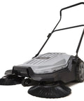 Heavy Duty Manual Push Sweeper For Driveways Patios And Garages Featuring 25.5 Inch Sweep Width And 5.25 Gallon Hopper side view with brush details.