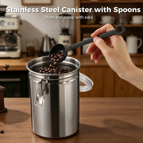 Heavy Duty Stainless Steel Canisters With Airtight Lock Buckles No Sweat Food Storage Jars Game Changing Pick For Coffee Beans, filled with coffee beans and a scoop.