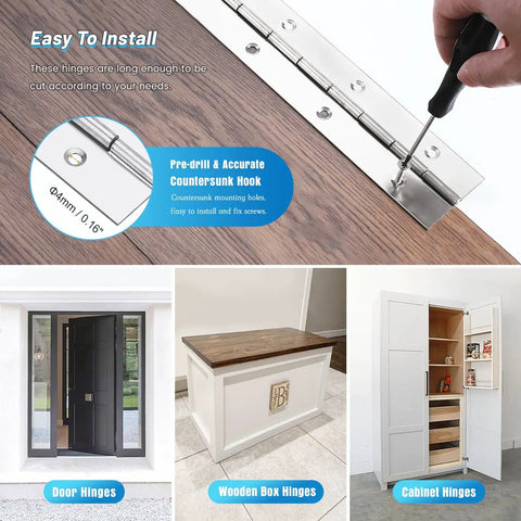 Heavy Duty 36 Inch Stainless Steel Piano Hinge 3 Inch Wide Continuous Hinge 2 Pack 0.06 Thick For Cabinets Doors Toolboxes shown installed.