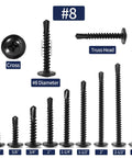 Top Tier Number 8 By Half Inch Sheet Metal Screws With Truss Heads 100 Pack Of 410 Stainless Steel Fast Self Tapping Bolts In Black Oxide Finish displayed with sizes.