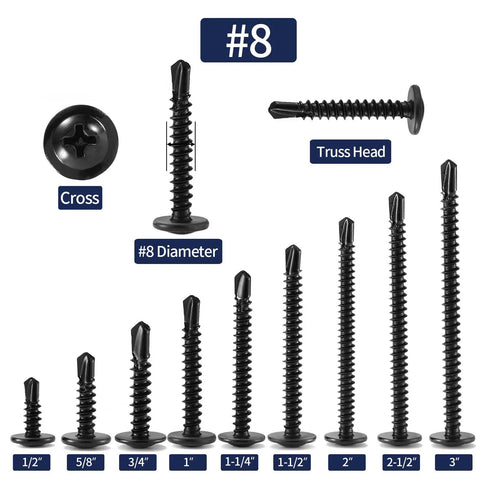 Top Tier Number 8 By Half Inch Sheet Metal Screws With Truss Heads 100 Pack Of 410 Stainless Steel Fast Self Tapping Bolts In Black Oxide Finish displayed with sizes.