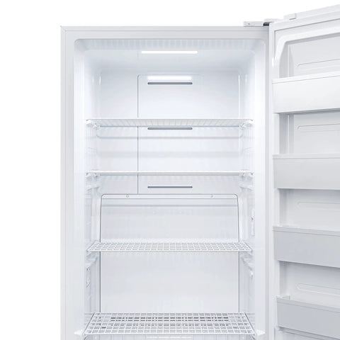 Stay Frosty With This Hella Reliable 17 Cubic Foot Upright Convertible Fridge Freezer Garage Ready Dorm Cooler Featuring Four Adjustable Wire Shelves LED interior lighting visible inside.