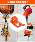 Image of a heavy-duty 8-Inch Vertical Trimmer Rack Wall Mount holding a trimmer, blower, chainsaw, and digger, shown in orange.